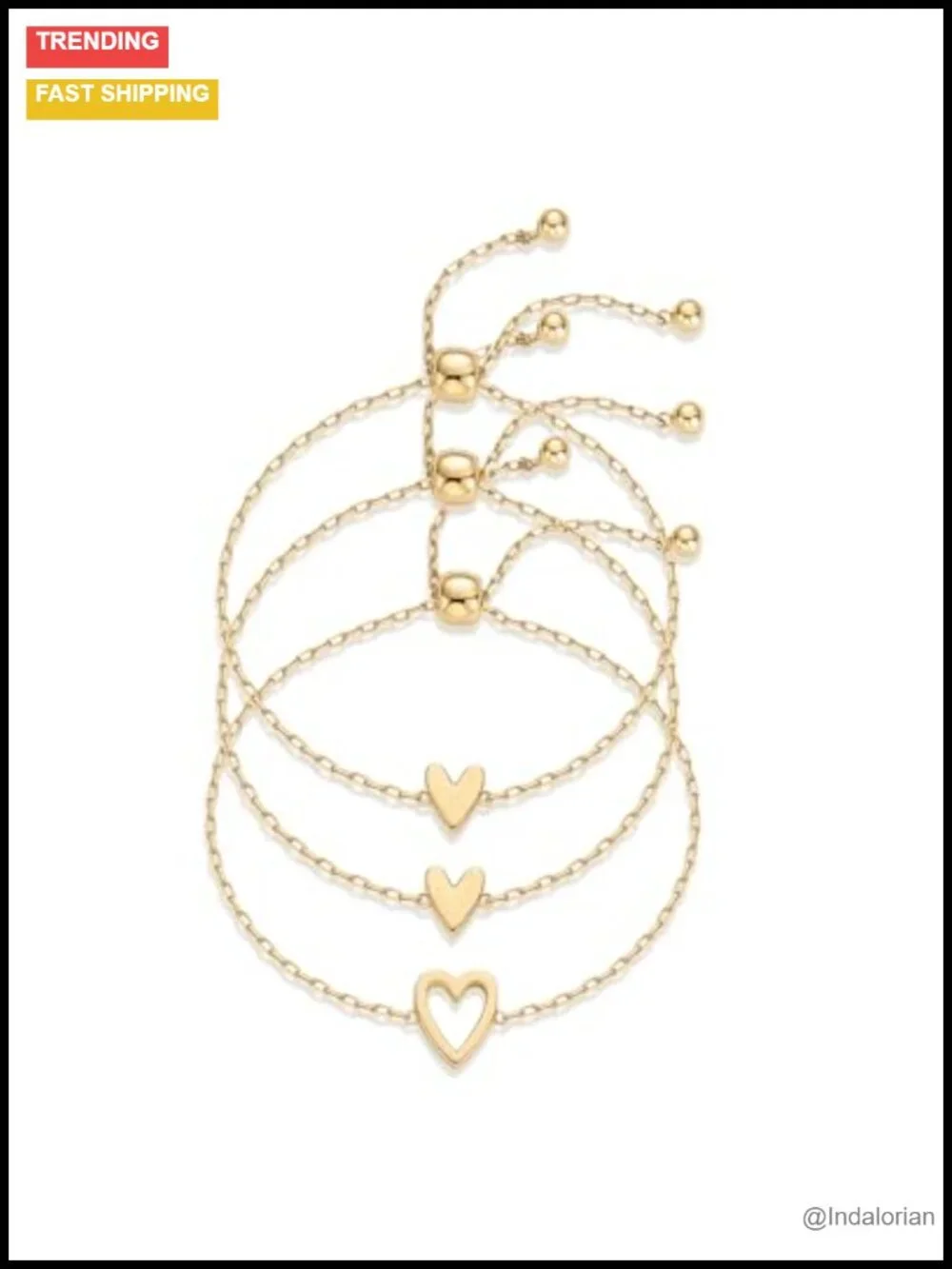 14K Gold Plated Heart Charm Bracelet Set Adjustable Slider 3pc